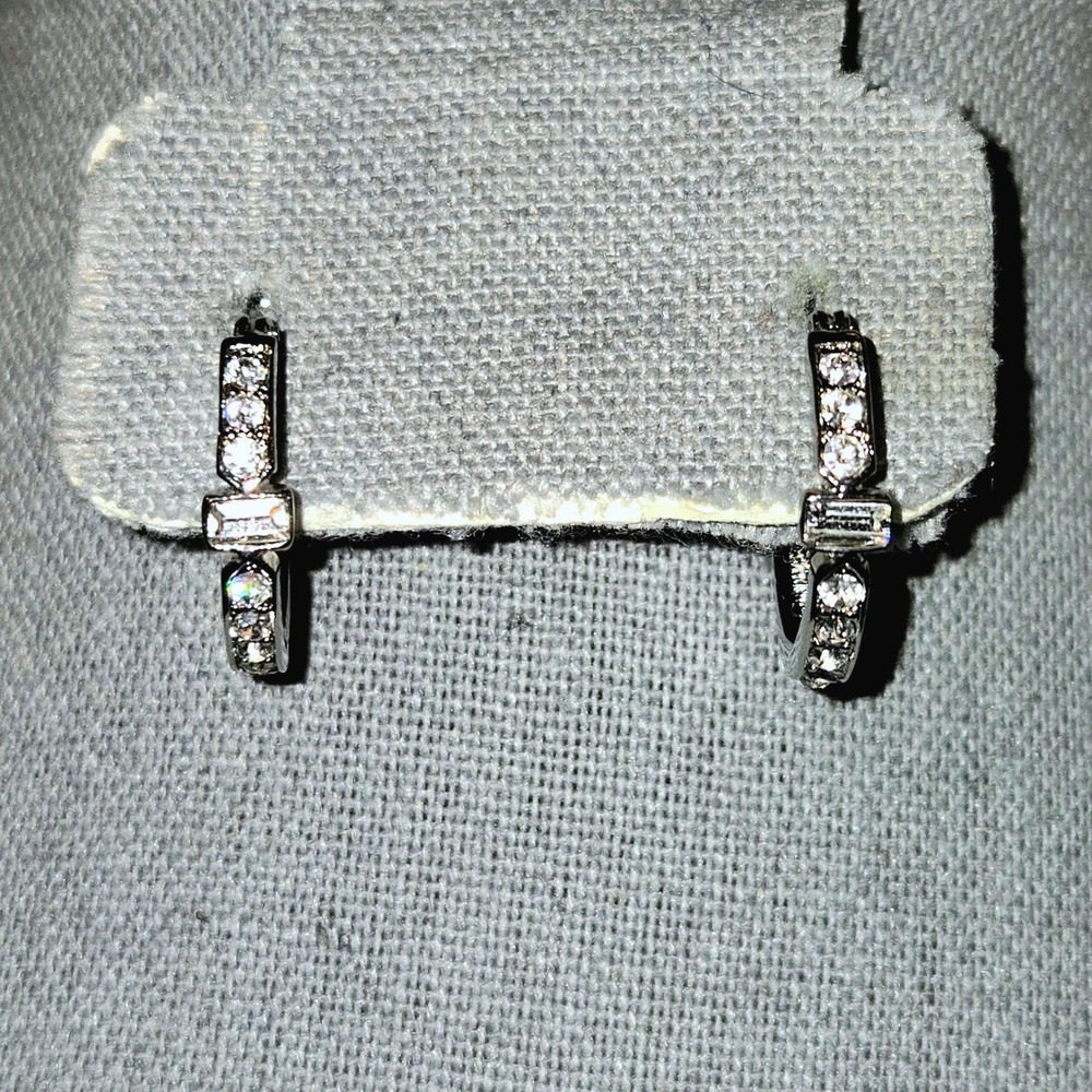 Monet Hoop Earrings Womens OS Silver Tone Baguette & Round Crystals Signed